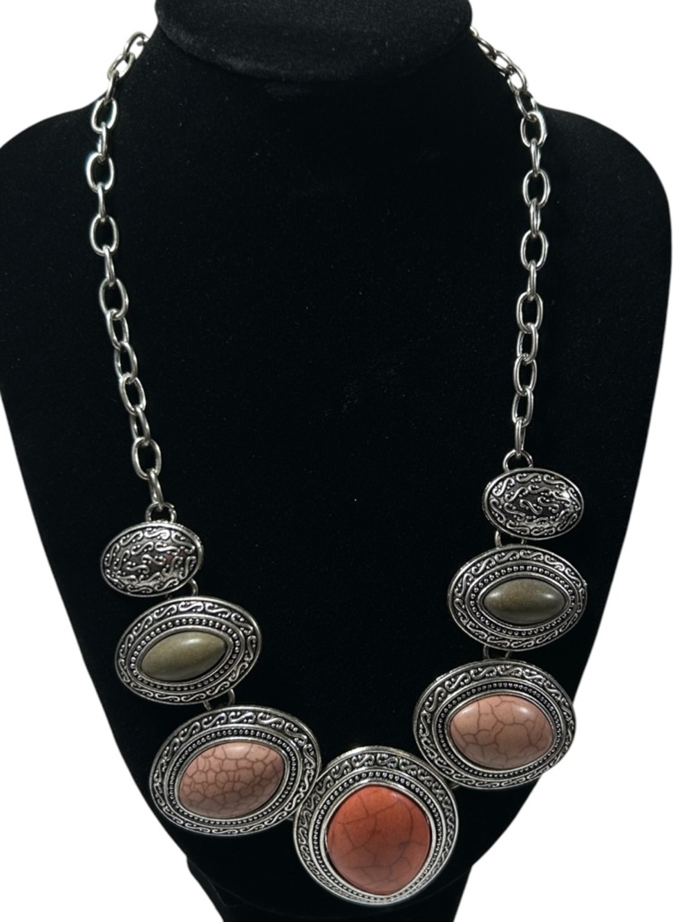 Boho‎ Silver Tone Statement Necklace Earthy Faux Stone Medallions